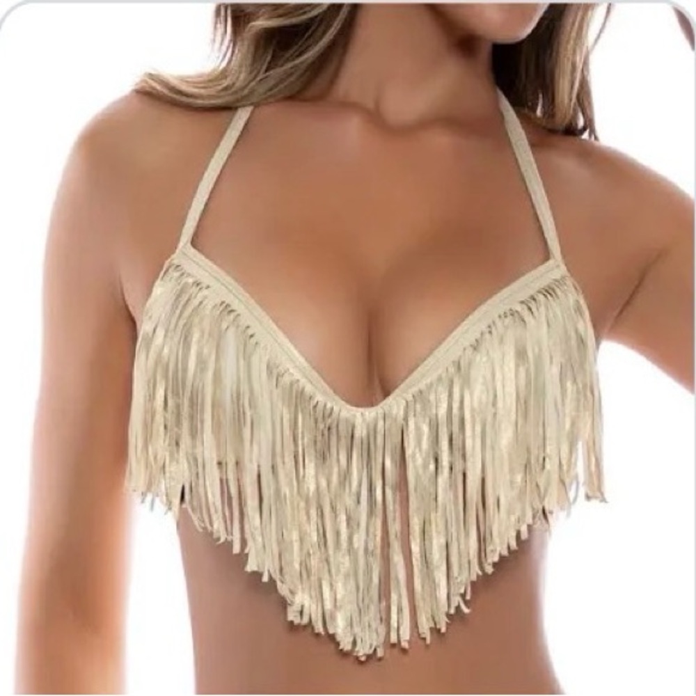 Luli Fama Gold Fringe Cascade push up Halter Bikini Top S